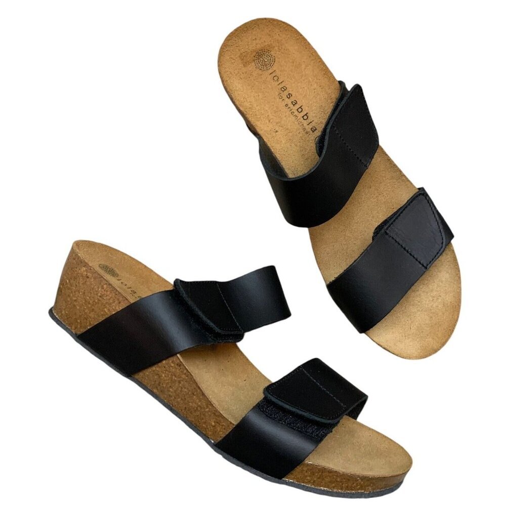 Lola Sabbia Sandals Size 41 Black Faux Leather Straps 2" Heel Womens Shoes